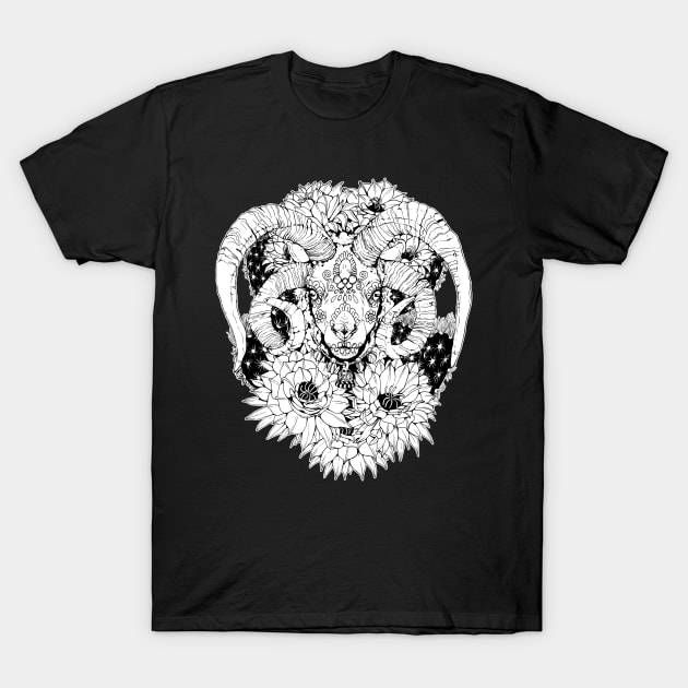 Painted Skull in Flowers - Black and White T-Shirt by Plaguedog